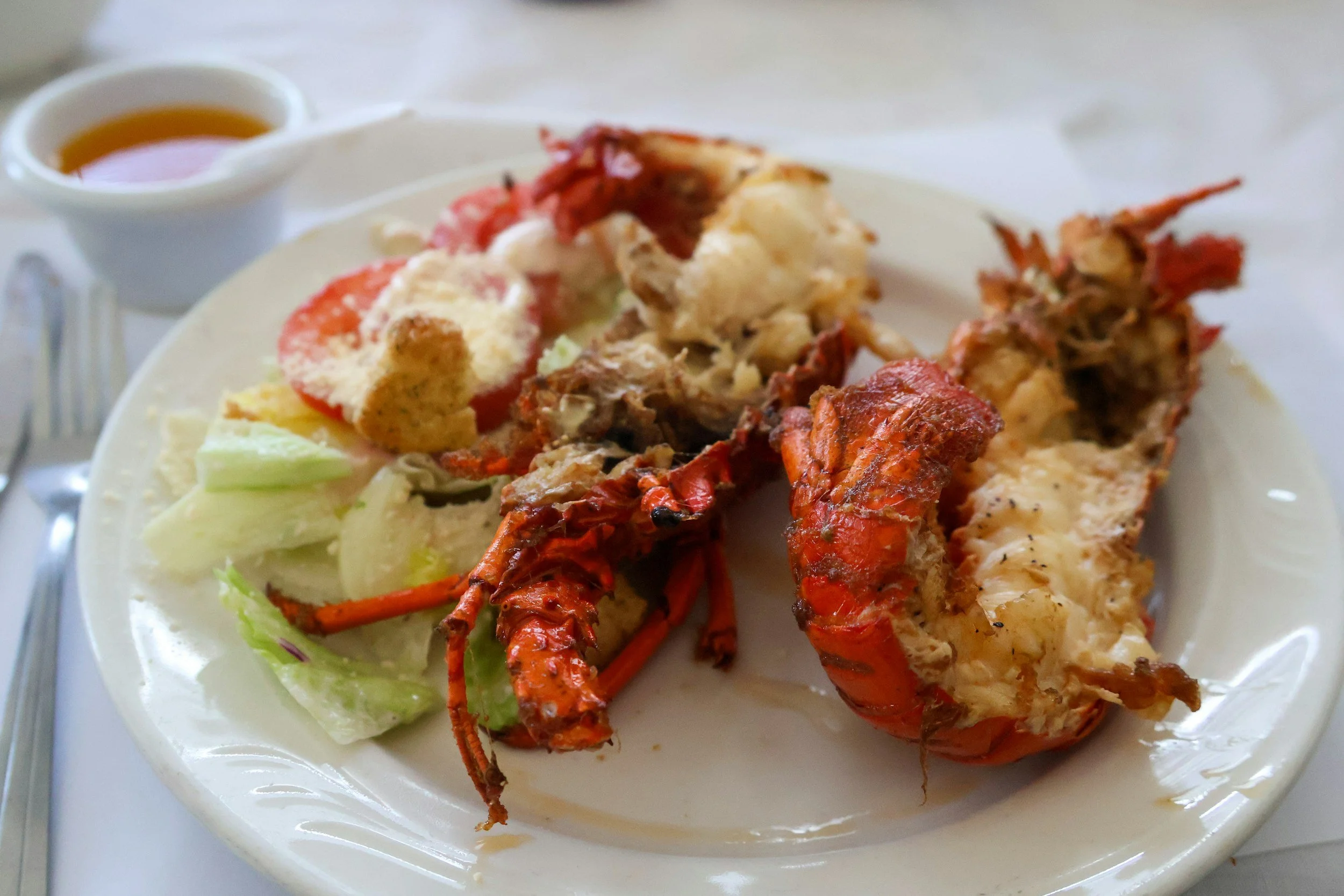 Lobster tail, a side salad with lettuce and tomato, and a small dish of butter on a white plate.