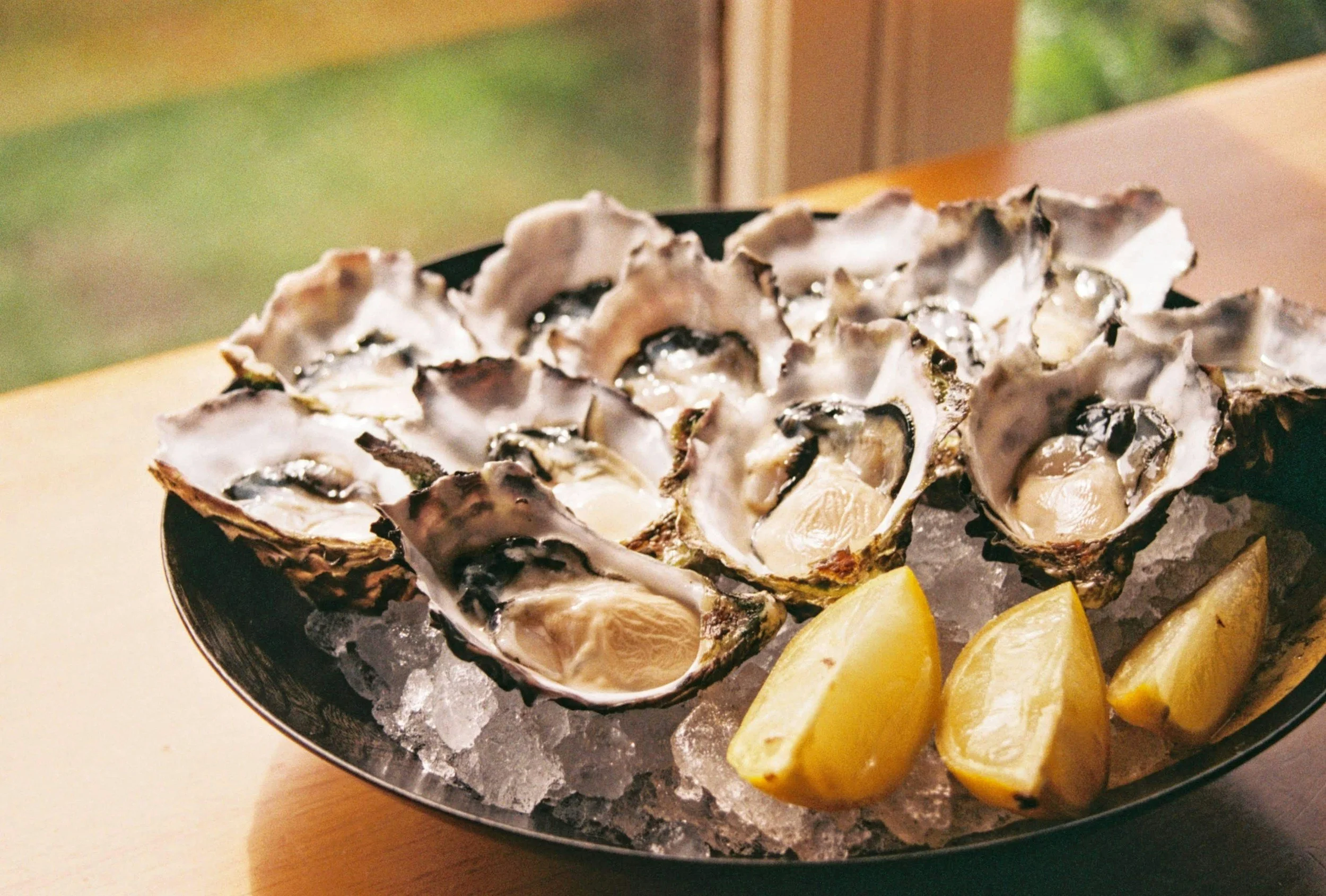 Plate of fresh oysters on ice with lemon wedges