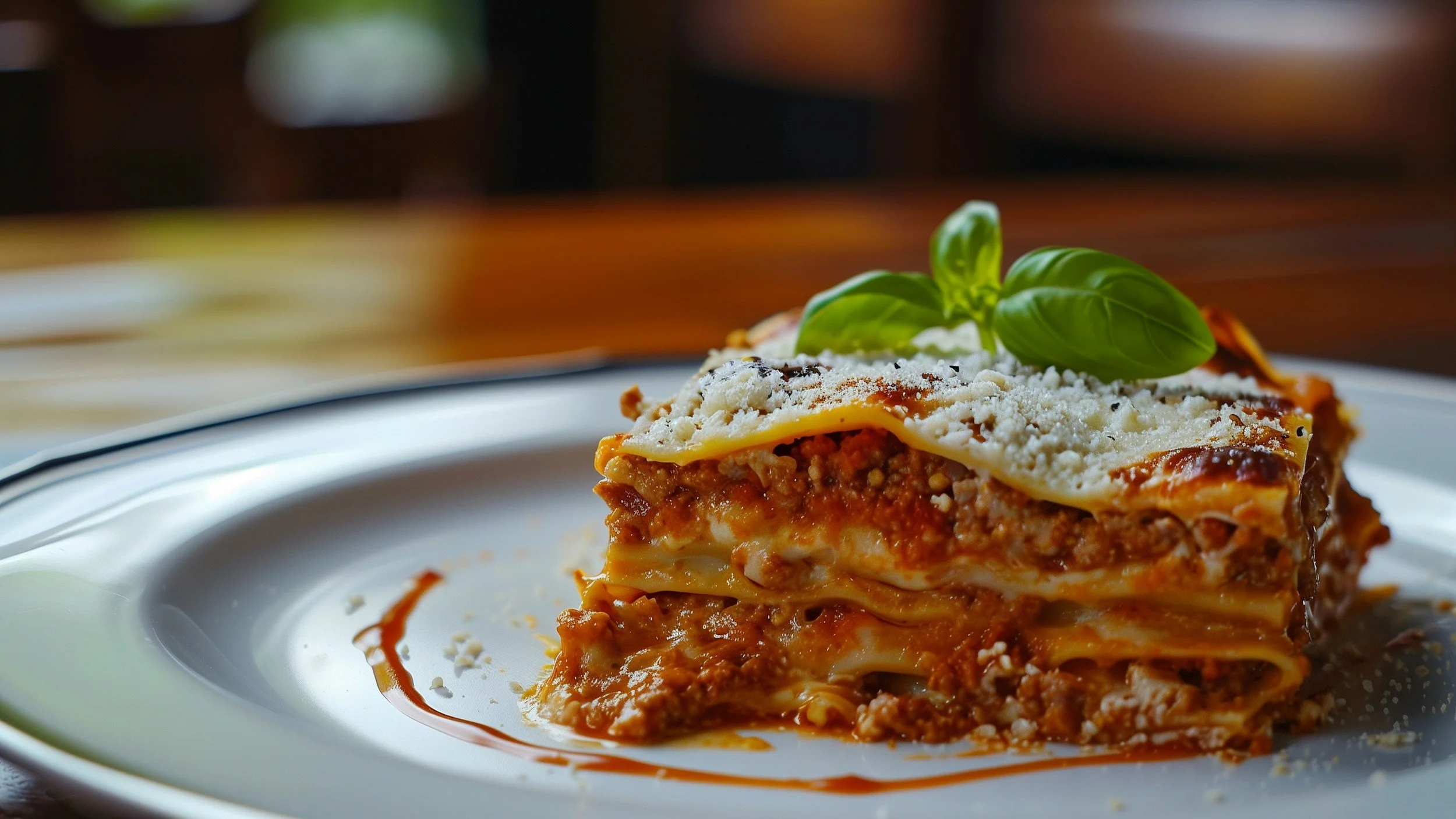 A plate of lasagna garnished with basil leaves and grated cheese, with a drizzle of sauce.