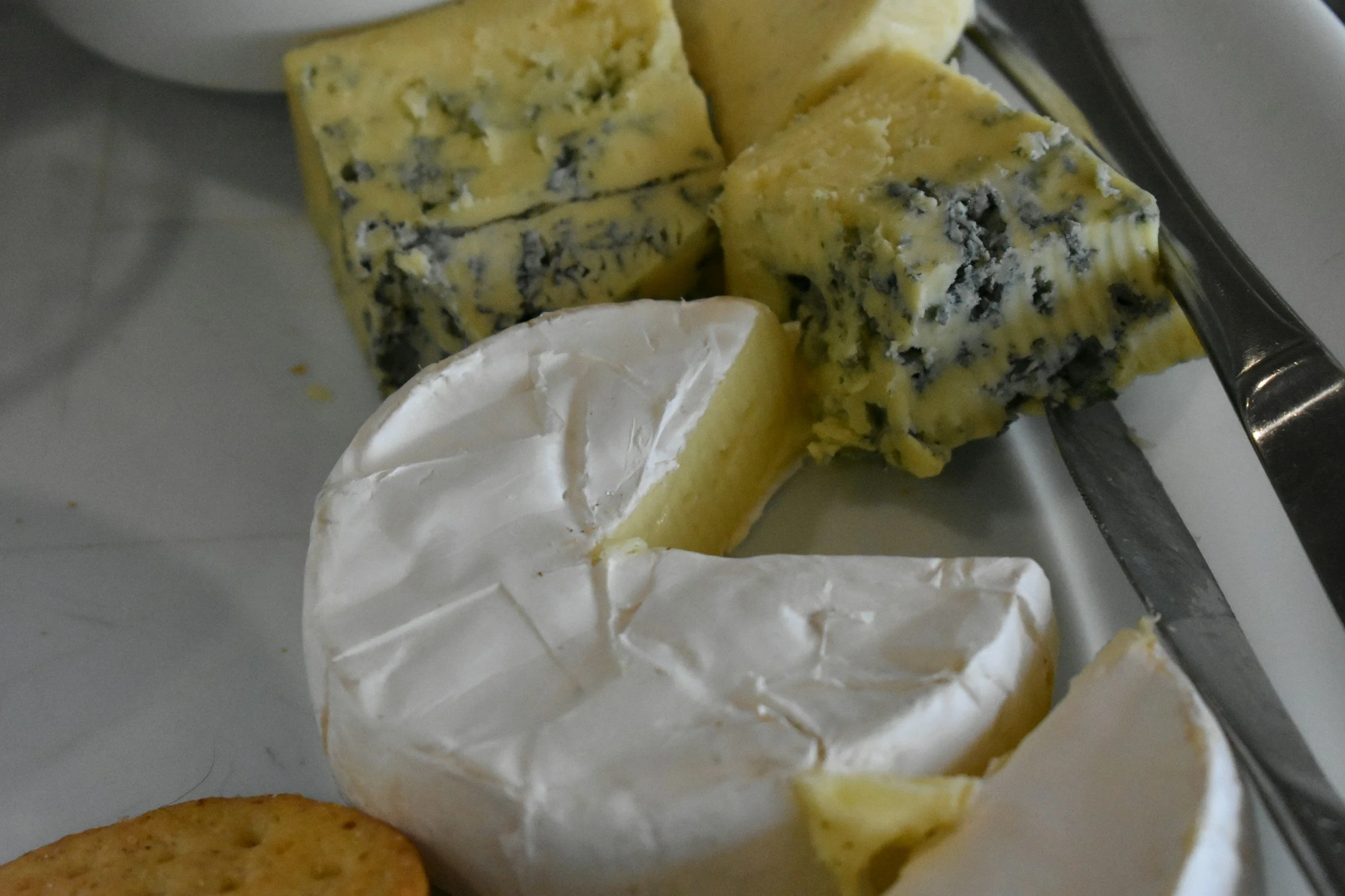 Different types of cheese on a tray, including brie, blue cheese, and a wedge of another cheese, with a cracker visible in the corner.