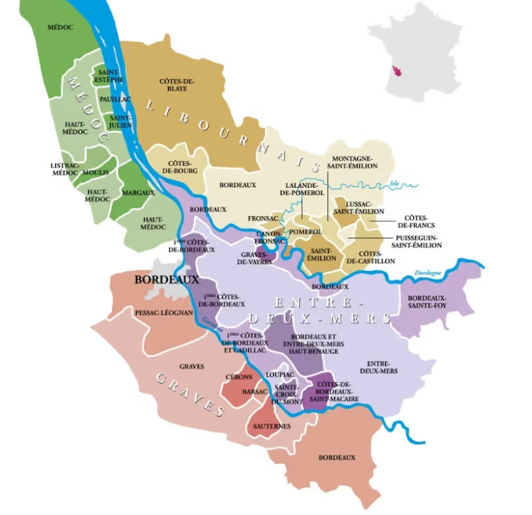 Map of Bordeaux wine region in France showing various sub-regions, towns, and rivers, with color coding indicating different areas such as Médoc, Graves, Saint-Emilion, and Entre-Deux-Mers.