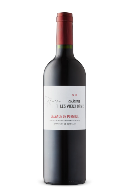 A bottle of Château Les Vieux Ormes red wine from the 2019 vintage.