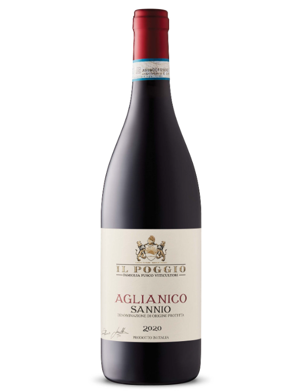 Bottle of Il Poggio Aglianico Sannio red wine from 2020 with a dark glass bottle and a red capsule, featuring a white label with gold crest and red and black text.