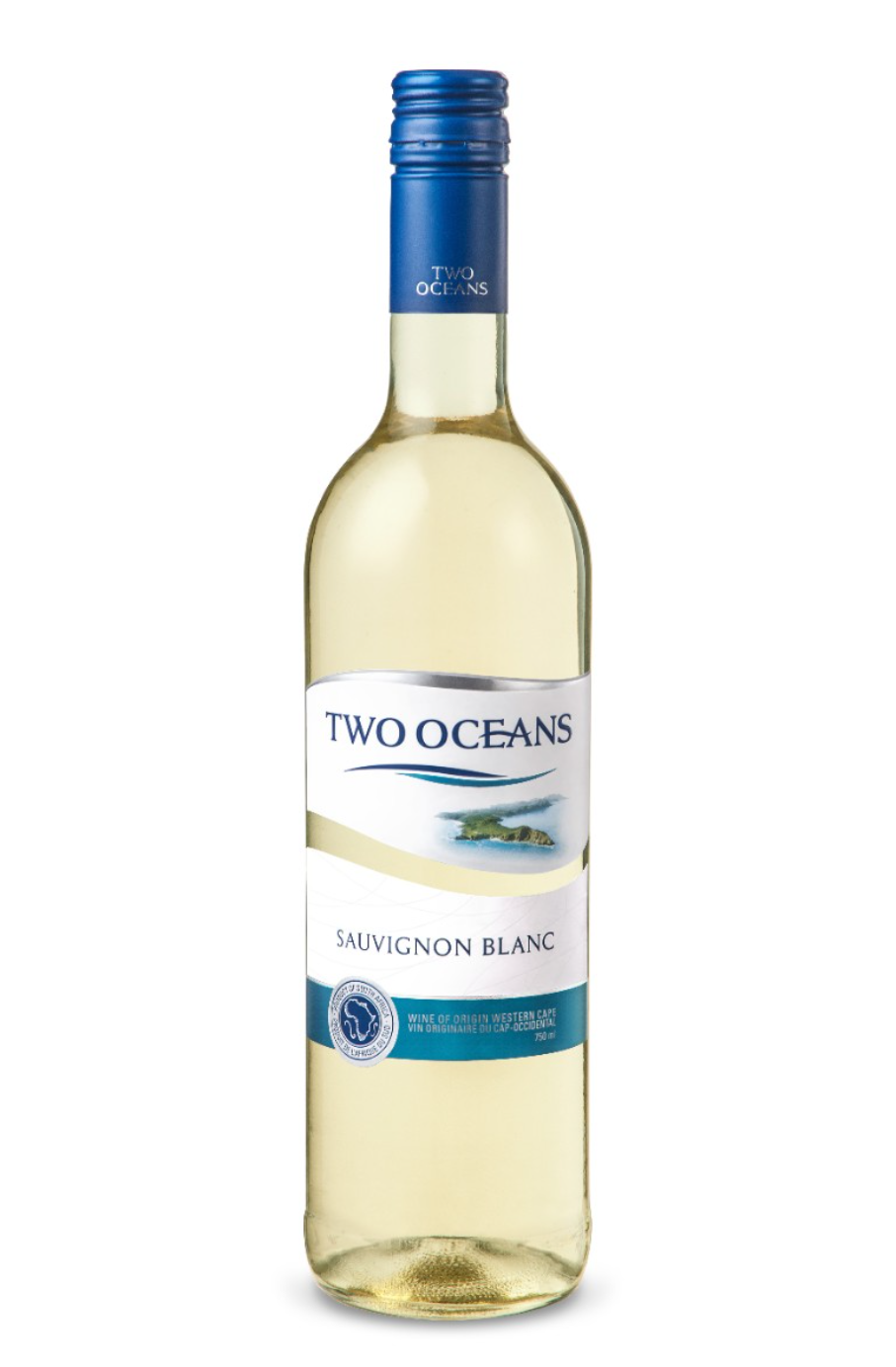 A bottle of Two Oceans Sauvignon Blanc wine with a blue screw cap and a white label featuring a landscape image of an ocean, rocky coast, and greenery.