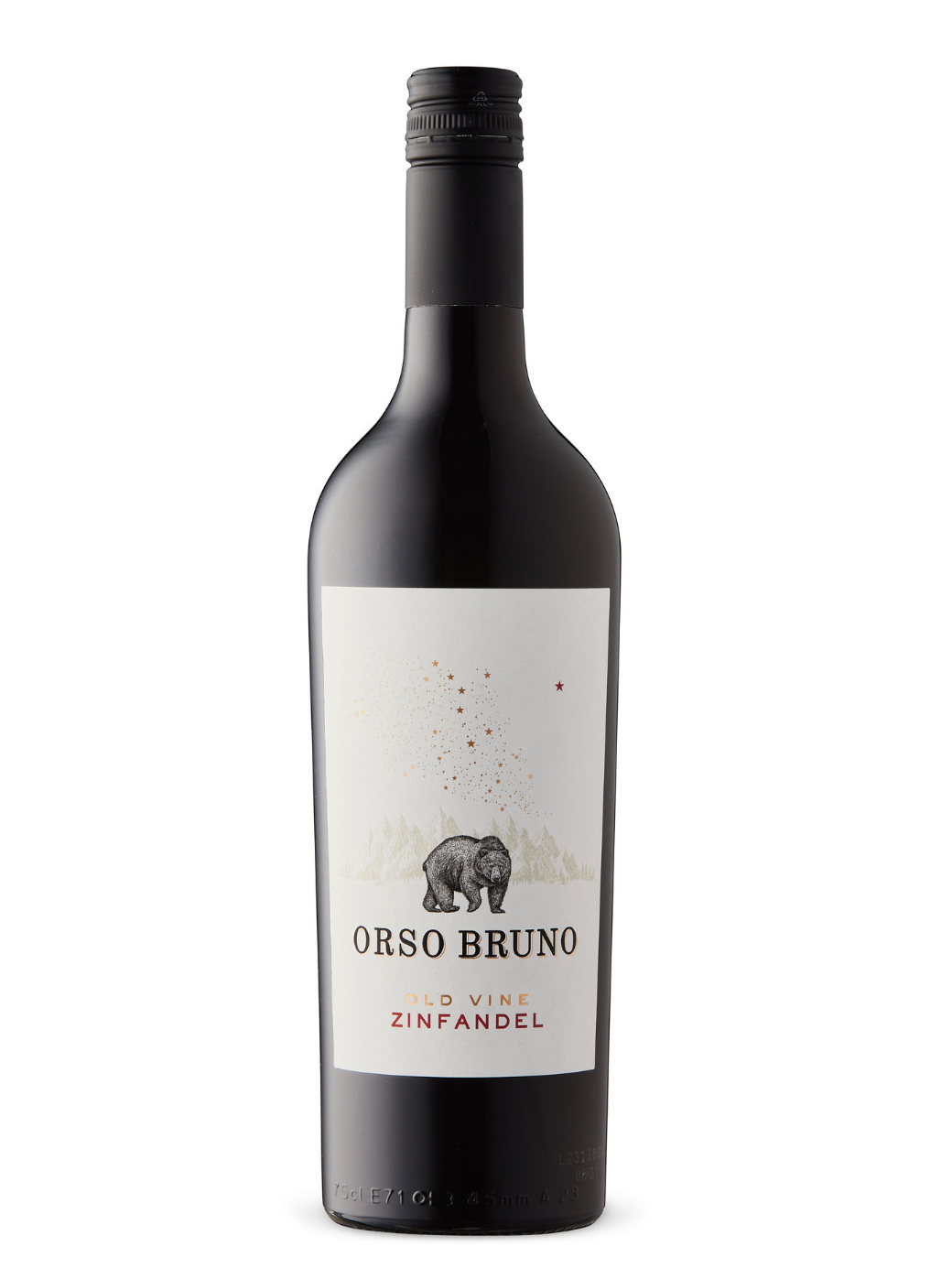 A bottle of Orso Bruno Old Vine Zinfandel wine with a white label featuring a drawing of a bear, stars, and mountain range.