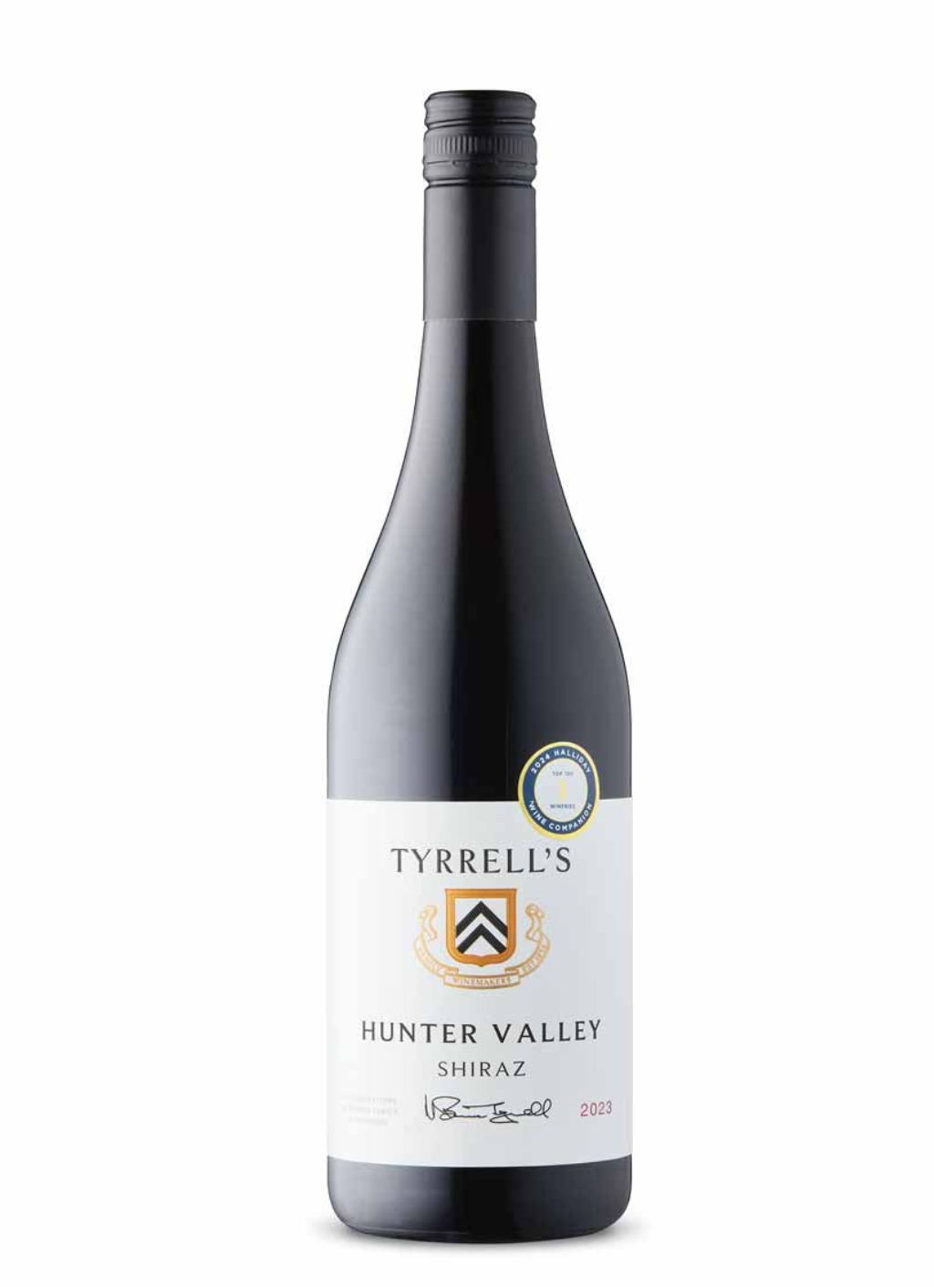 A bottle of Tyrrell's Hunter Valley Shiraz wine with a black screw cap, a white label featuring a crest and signature, and text indicating the wine's origin and vintage.