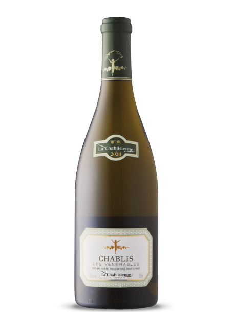 A bottle of Chablis Les Vénérables wine from La Chablisienne, vintage 2020, with a dark green cap and a cream-colored label featuring a small tree and gold accents.