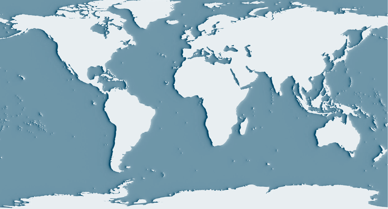 A simplified world map with landmasses in white and oceans in light blue, showing continents and islands.