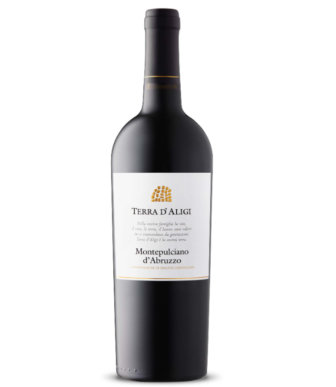 A bottle of Terra D'Aligi Montepulciano d'Abruzzo wine with a black label and gold accents.