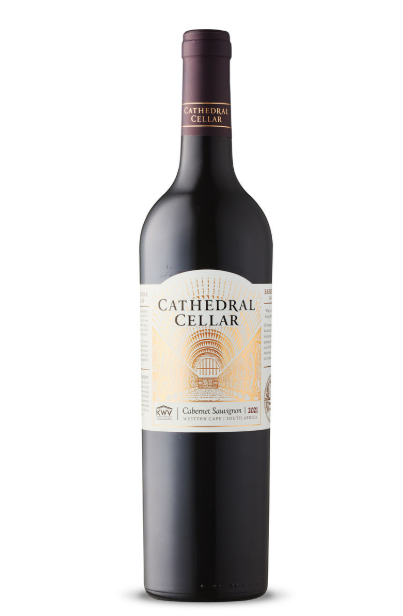 A bottle of Cathedral Cellar Cabernet Sauvignon wine with a dark label and a maroon top, featuring an elegant design and gold accents.