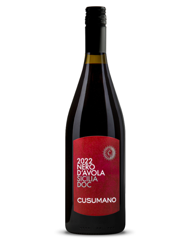A dark wine bottle with a black screw cap, featuring a red label that reads '2022 Nero d'Avola Sicilia DOC Cusumano' and has a decorative white hen logo.