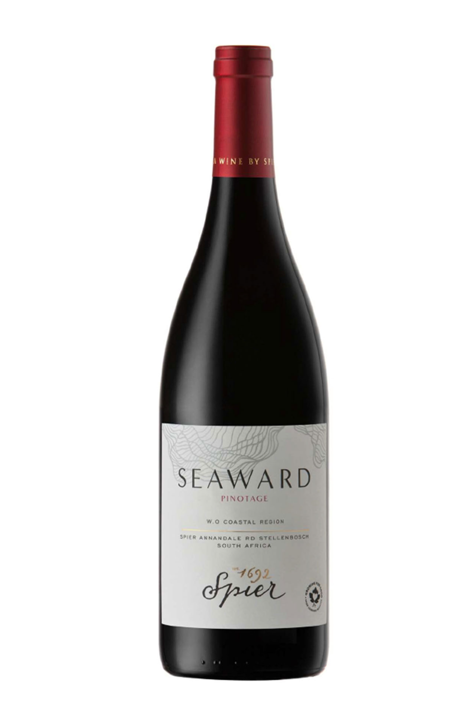 Bottle of Seaward Pinotage wine from South Africa with white label and red foil capsule.