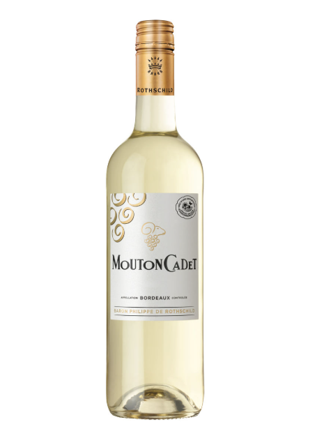 A bottle of Mouton Cadet Bordeaux white wine with a gold screw cap and a white label featuring gold swirl designs.