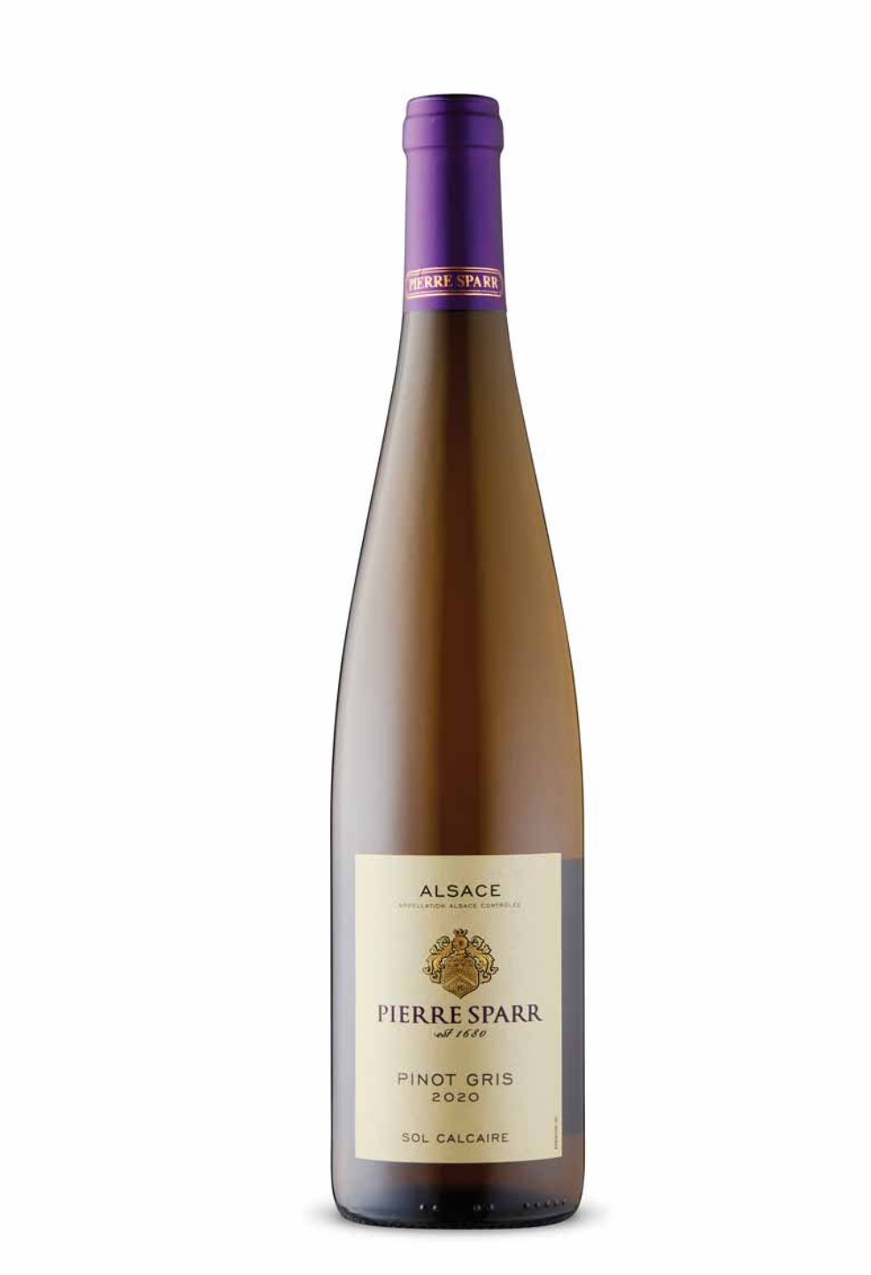 A bottle of Pierre Sparr Pinot Gris 2020 wine from Alsace with a purple cap and a beige label featuring a gold crest.