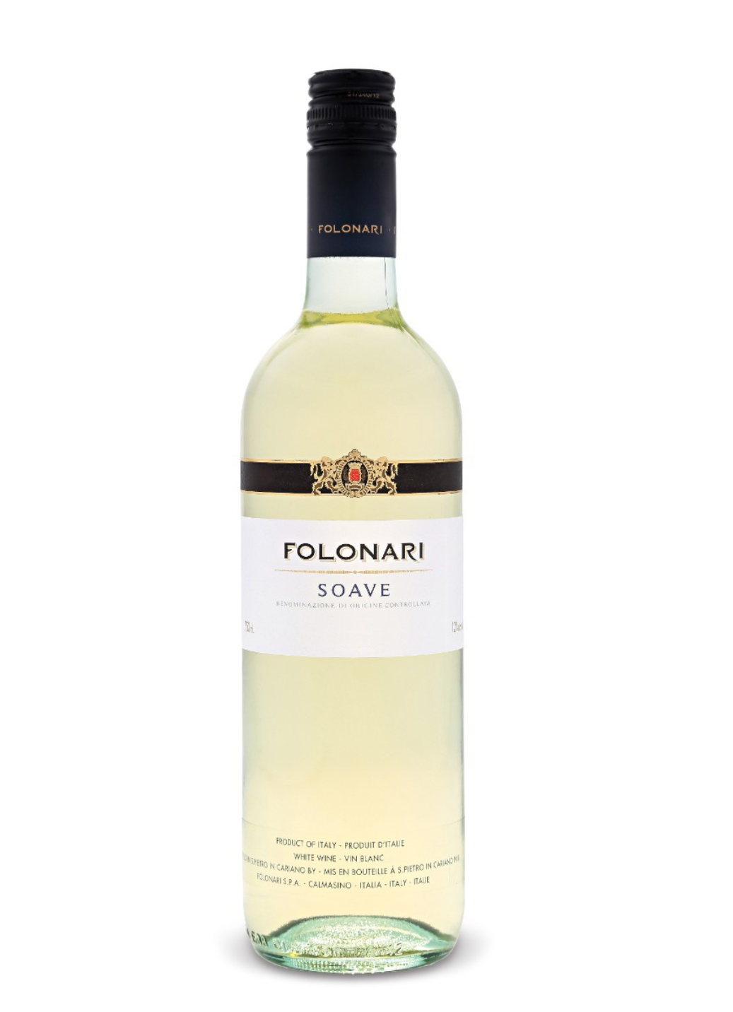 A clear glass bottle of white wine with a black cap and white label, featuring the brand name 'FOLONARI' and the word 'SOAVE' prominently displayed.