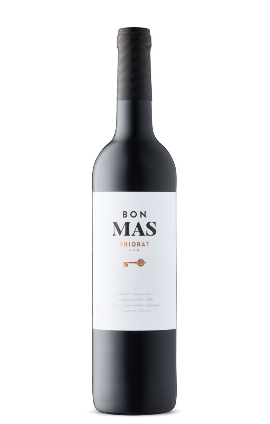 Bottle of Bon Mas Priorrat red wine with a black body and a white label.
