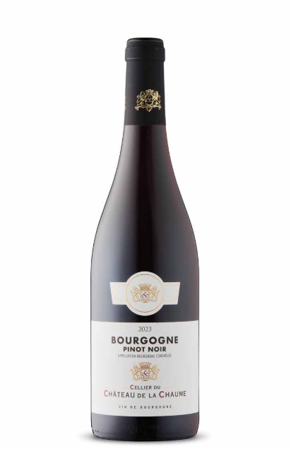 Bottle of Bourgogne Pinot Noir wine from 2023 vintage with a black cap and white label, featuring gold and red accents.