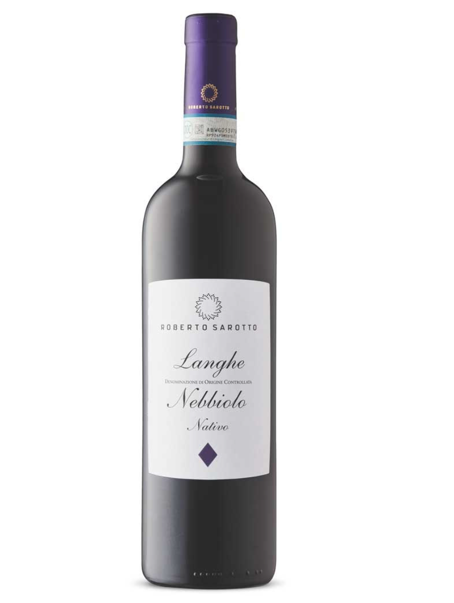A bottle of Roberto Sarotto Langhe Nebbiolo Nativo wine with a purple cap and white label.