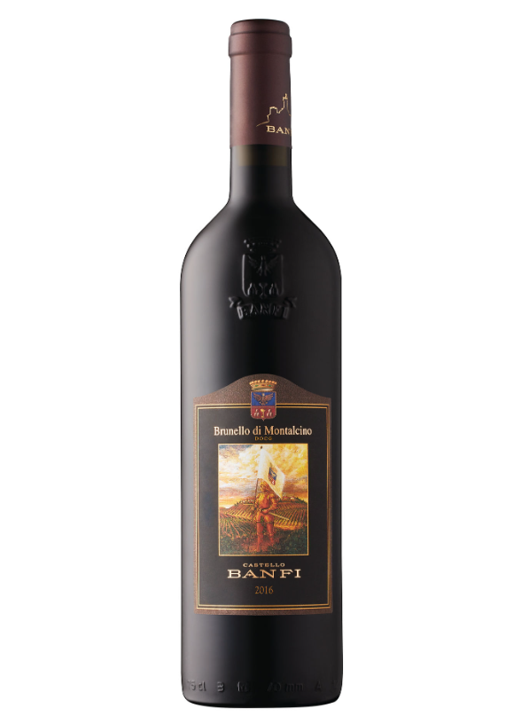 A bottle of Brunello di Montalcino red wine from 2016, with a dark label featuring a scenic countryside and a person holding a flag, and a maroon capsule on the neck of the bottle.