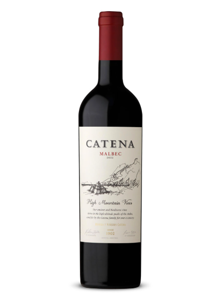 Bottle of Catena Malbec wine with a red cap and a white label.