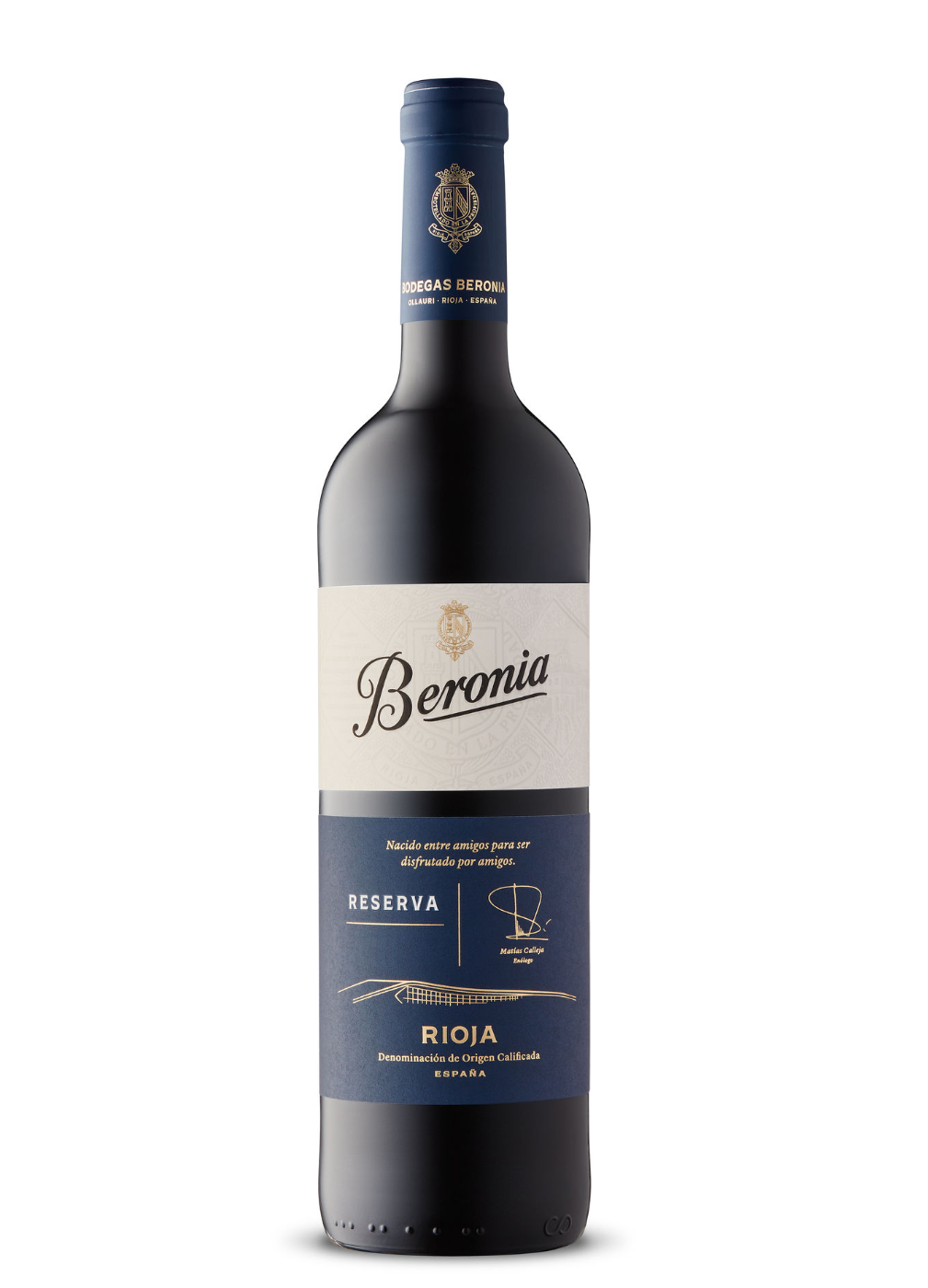 A bottle of Beronia Reserva Rioja red wine from Spain with a dark bottle, white and blue label, and a blue capsule.