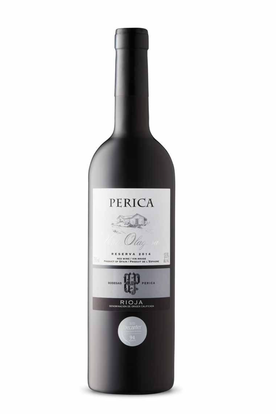 Bottle of Perica red wine, Reserva 2014 from Rioja, Spain, with a black cap and white label.