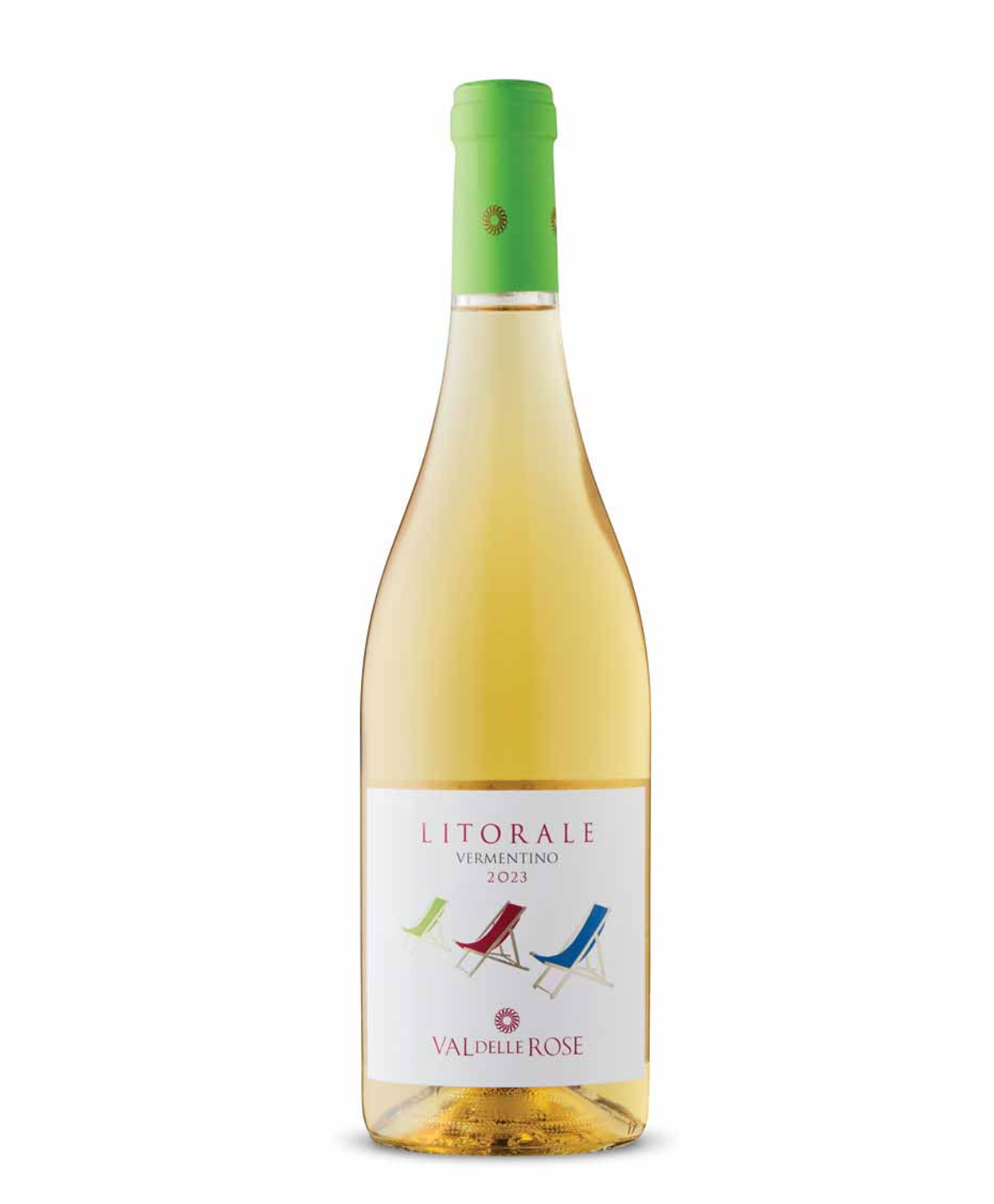 A bottle of Litorale Vermentino 2023 white wine from Val delle Rose with a green cap and a label showing lounge chairs in green, red, and blue.