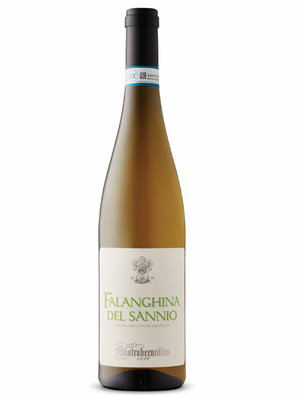 A bottle of Falanghina del Sannio white wine with a white label and black cap.