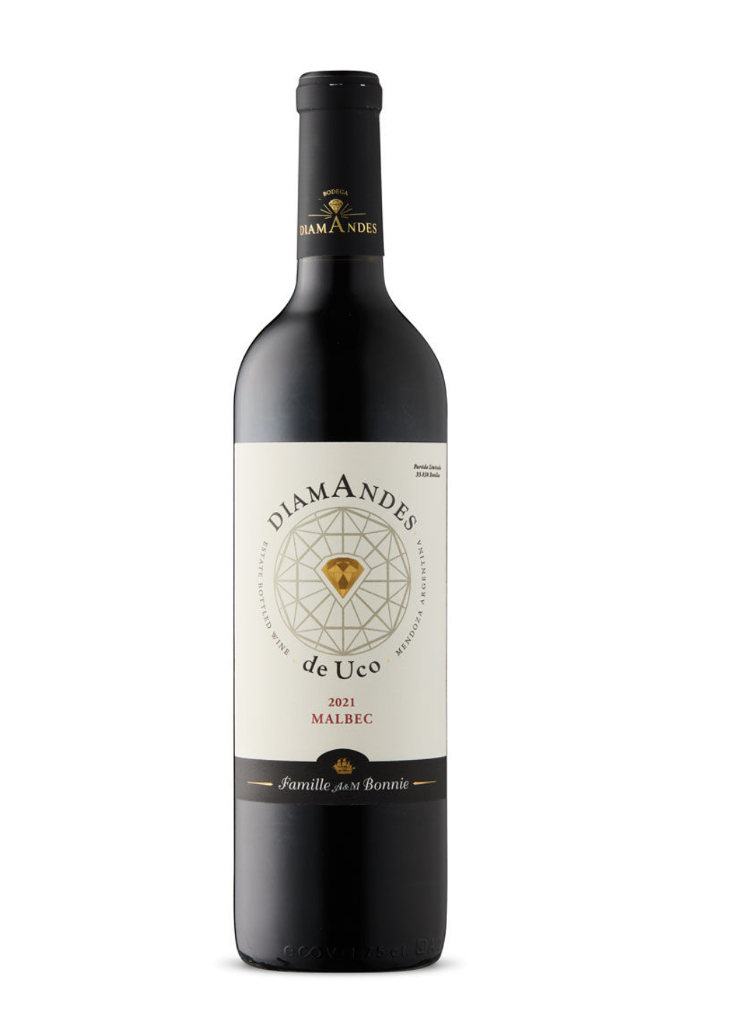 A bottle of 2021 Malbec wine called Diamandes de Uco with a black cap, black and white label, and gold accent, set against a white background.