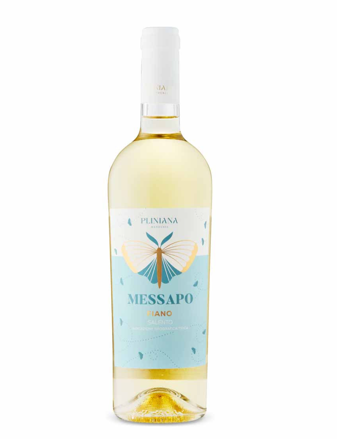 A bottle of Messapo Fiano Salento white wine with a label featuring a butterfly and the brand name Plinama.