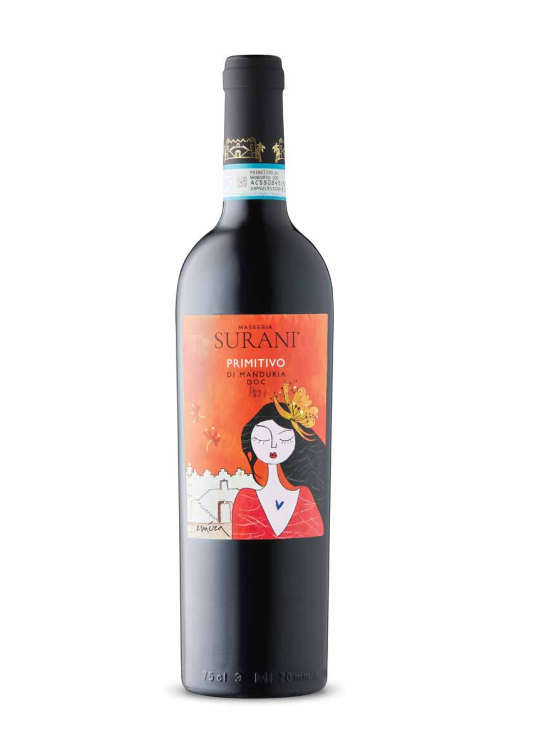 A bottle of Surani Primitivo wine with a colorful label featuring a stylized illustration of a woman wearing a crown, set against a bright orange background.