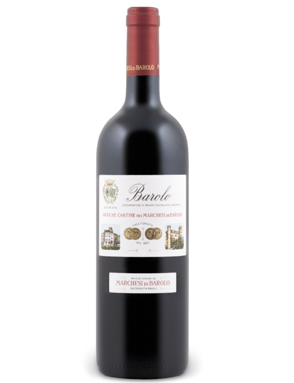 Bottle of Marchesi di Barolo red wine with a white and red label, featuring images of historic buildings and a coat of arms.