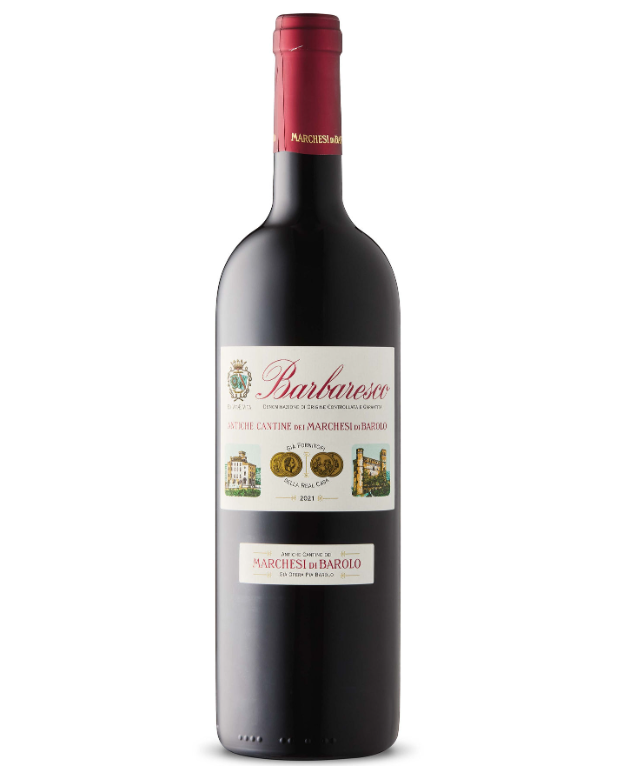 A bottle of red wine with a white label and red capsule, labeled 'Barbaresco'. The label features artwork and text indicating it is a 2021 vintage from Marchesi di Barolo, an Italian winery.