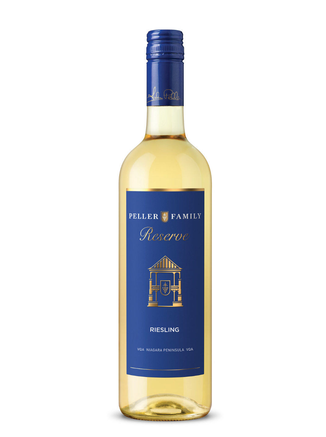 A bottle of Peller Family Reserve Riesling wine with a blue label and gold accents.