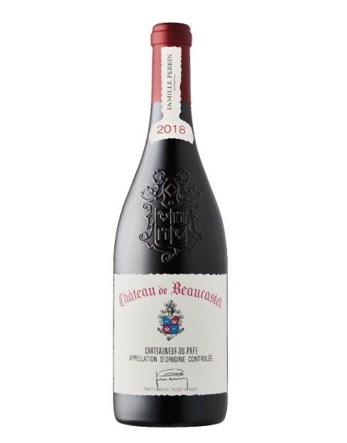 Bottle of Chateau de Beaucastel wine from 2018 vintage.