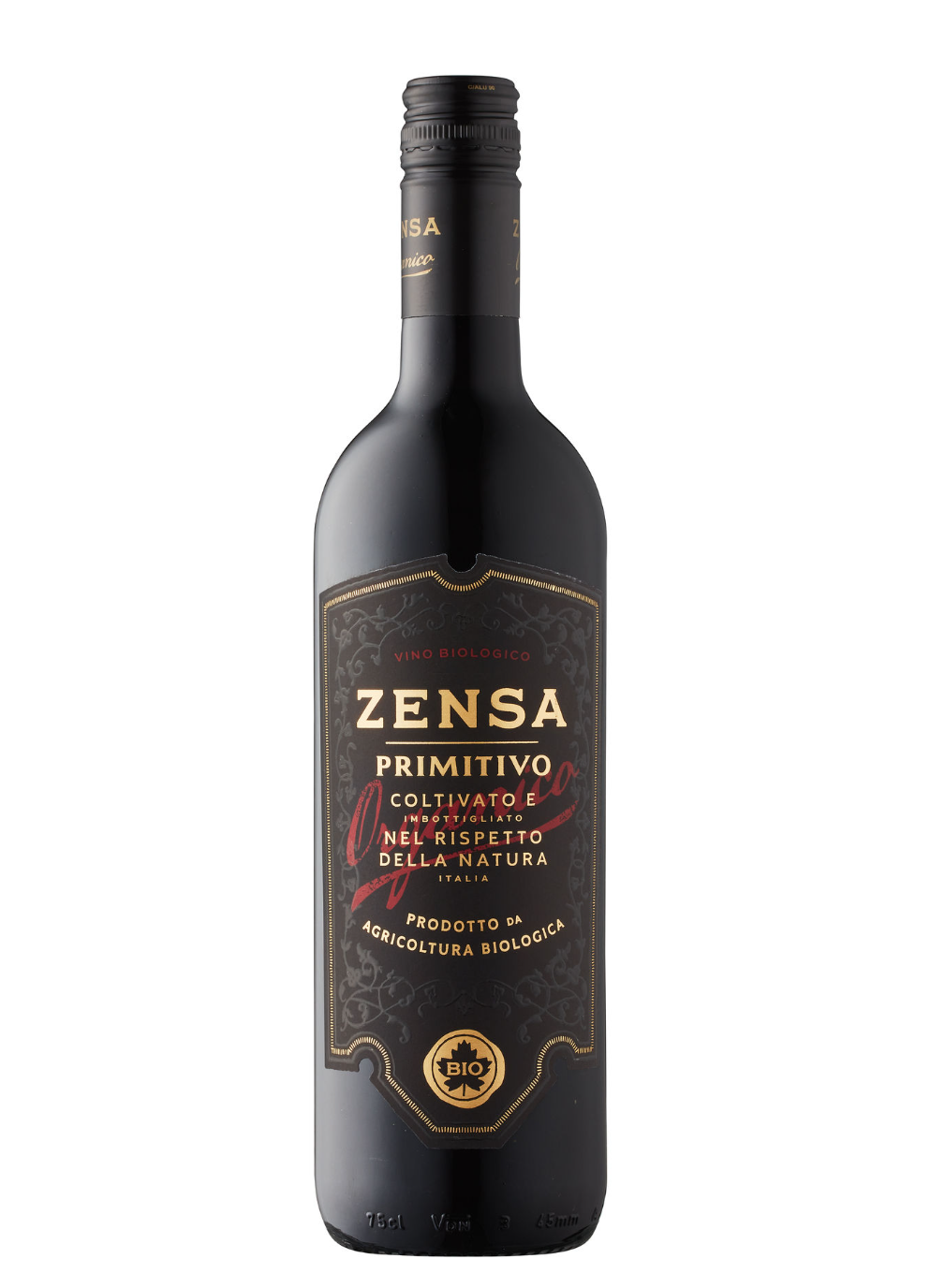 A bottle of Zensa organic red wine with a black label and gold accents.