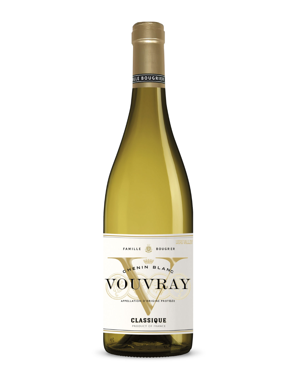 A bottle of Vouvray Chenin Blanc wine with a gold and white label from France.