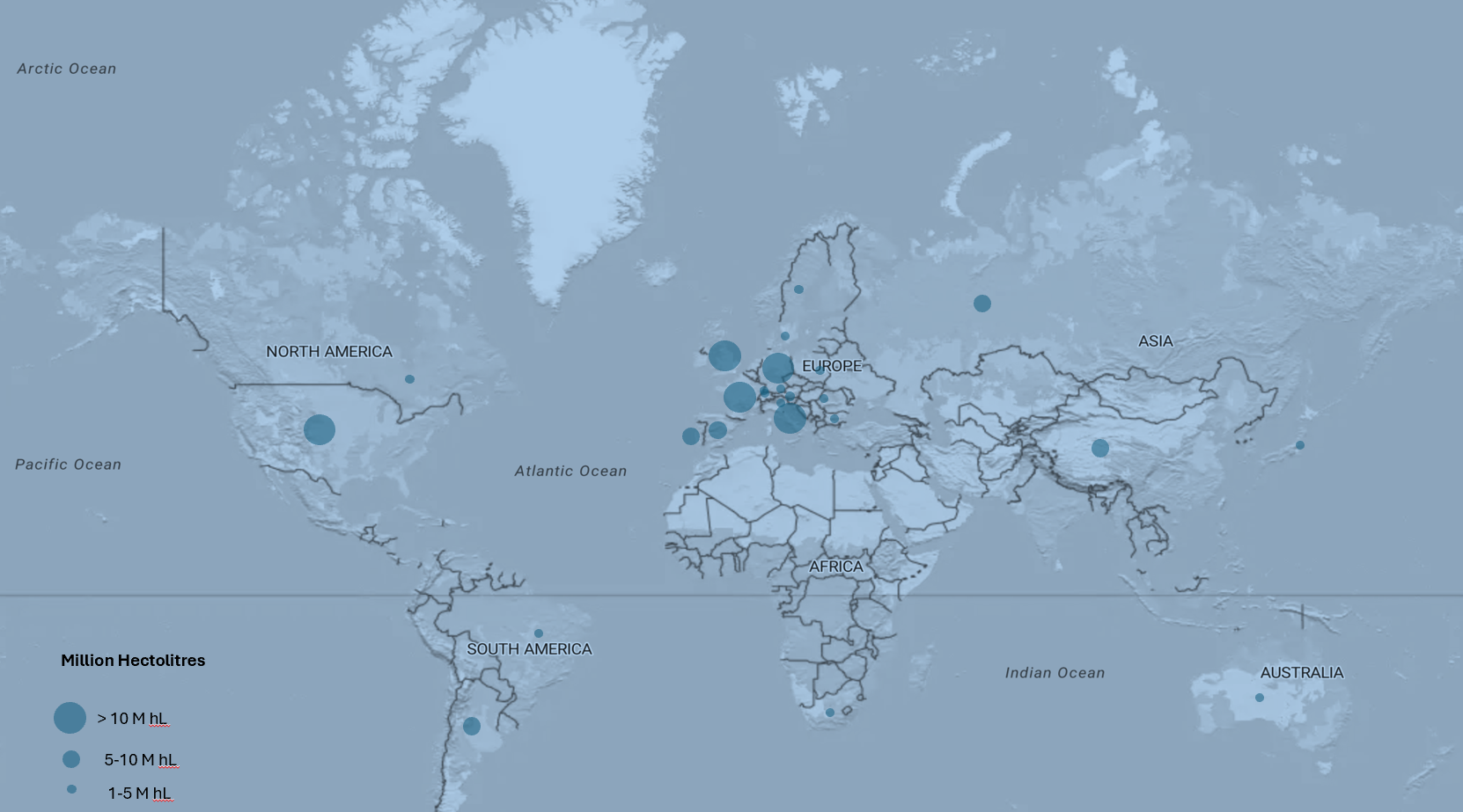 World map showing locations of landmasses and oceans, with circles of different sizes indicating the million hectolitres, from over 10 million to 1-5 million, in various regions including North America, South America, Europe, Africa, Asia, Australia, and islands.
