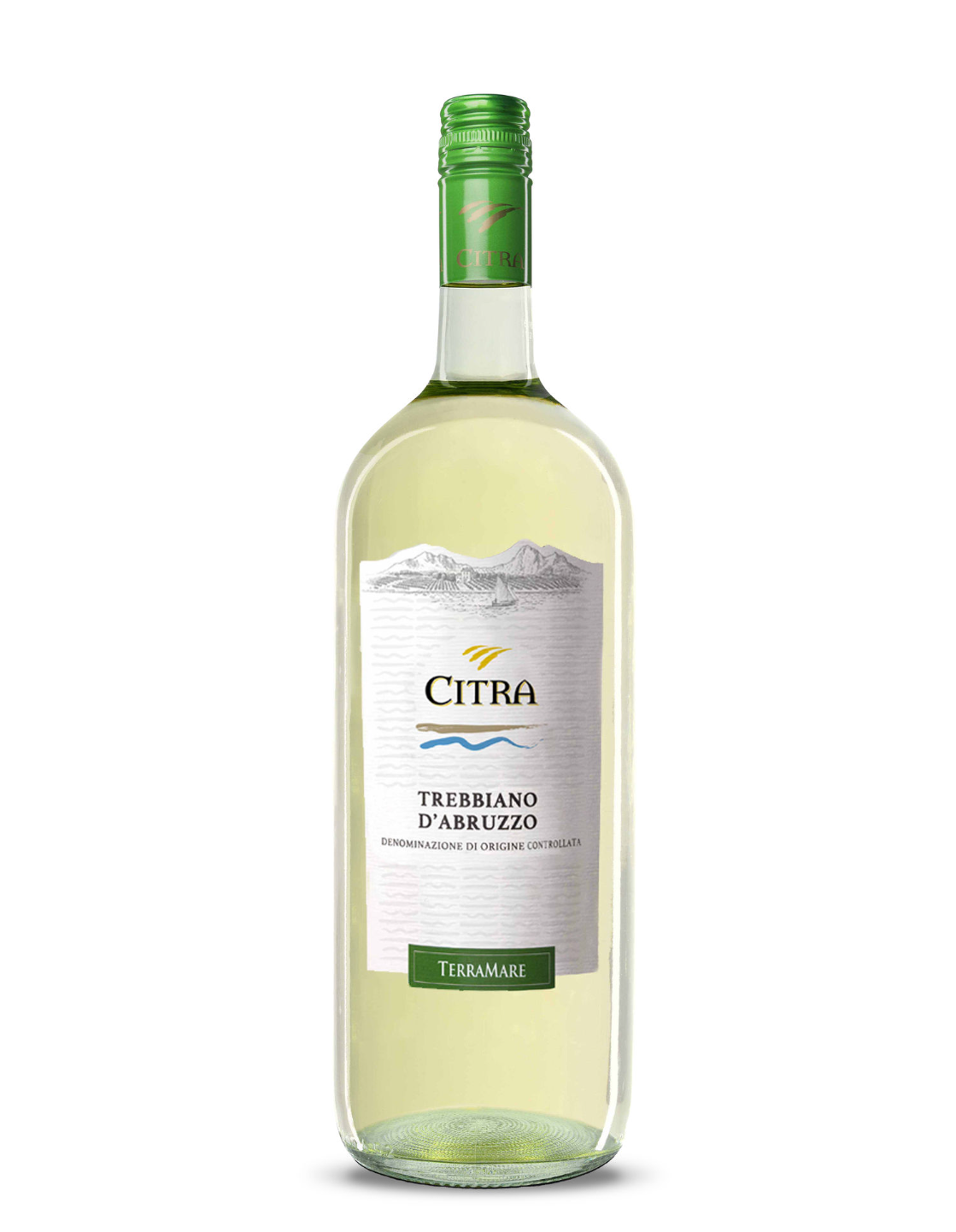 A bottle of Citra Trebbiano d'Abruzzo white wine with a mountain and sea illustration on the label.