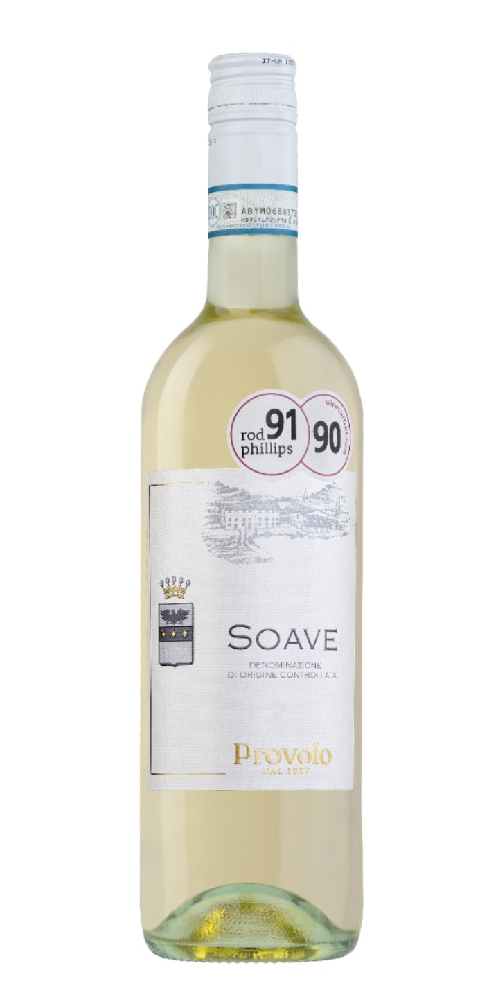 A bottle of Soave white wine with a white label, showing a crest and the text 'rood philips', and around the neck are stickers with the numbers '91' and '90'.