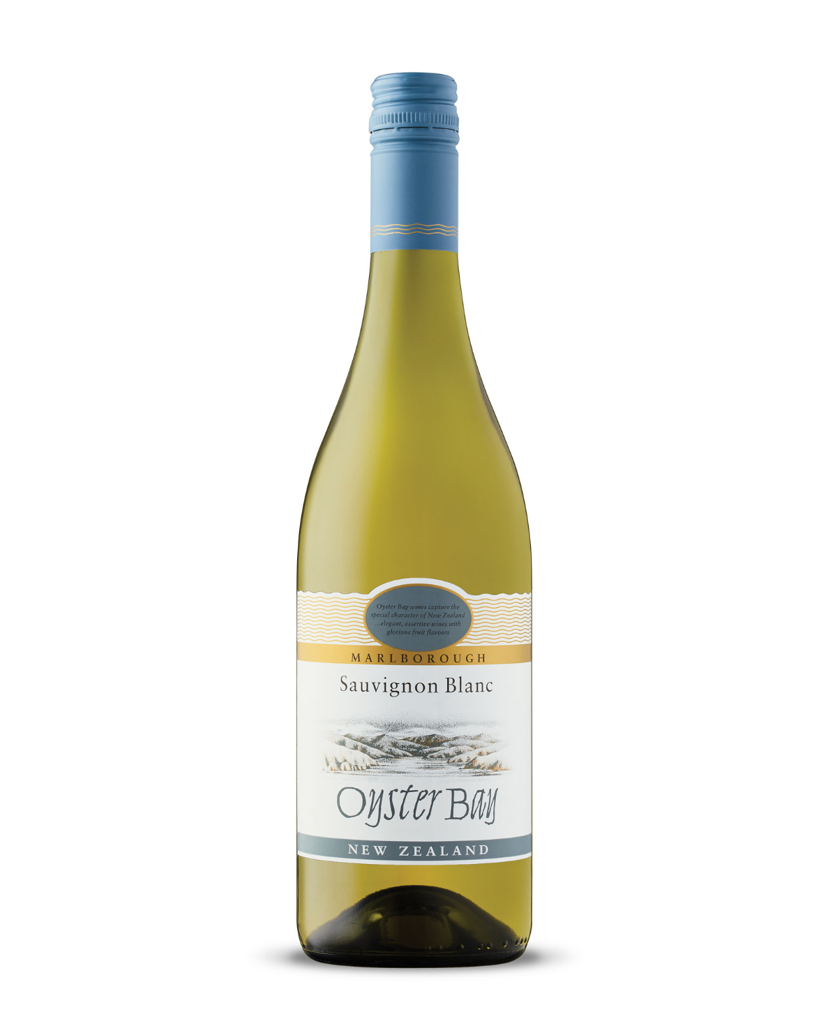 A bottle of Oyster Bay Sauvignon Blanc wine from Marlborough, New Zealand with a blue cap and label.
