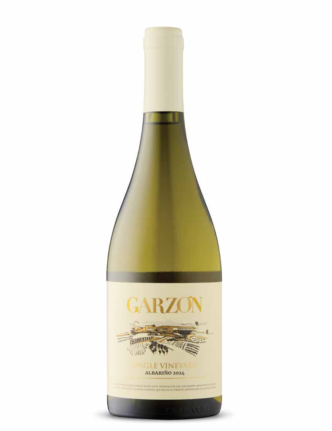A bottle of Garzon single vineyard Albariño wine from 2024 with a white label and gold lettering, featuring a vineyard illustration.