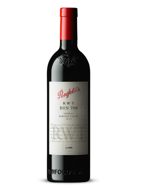 Bottle of Penfolds RWT Bin 798 Shiraz wine with a red capsule and white label, featuring black text.