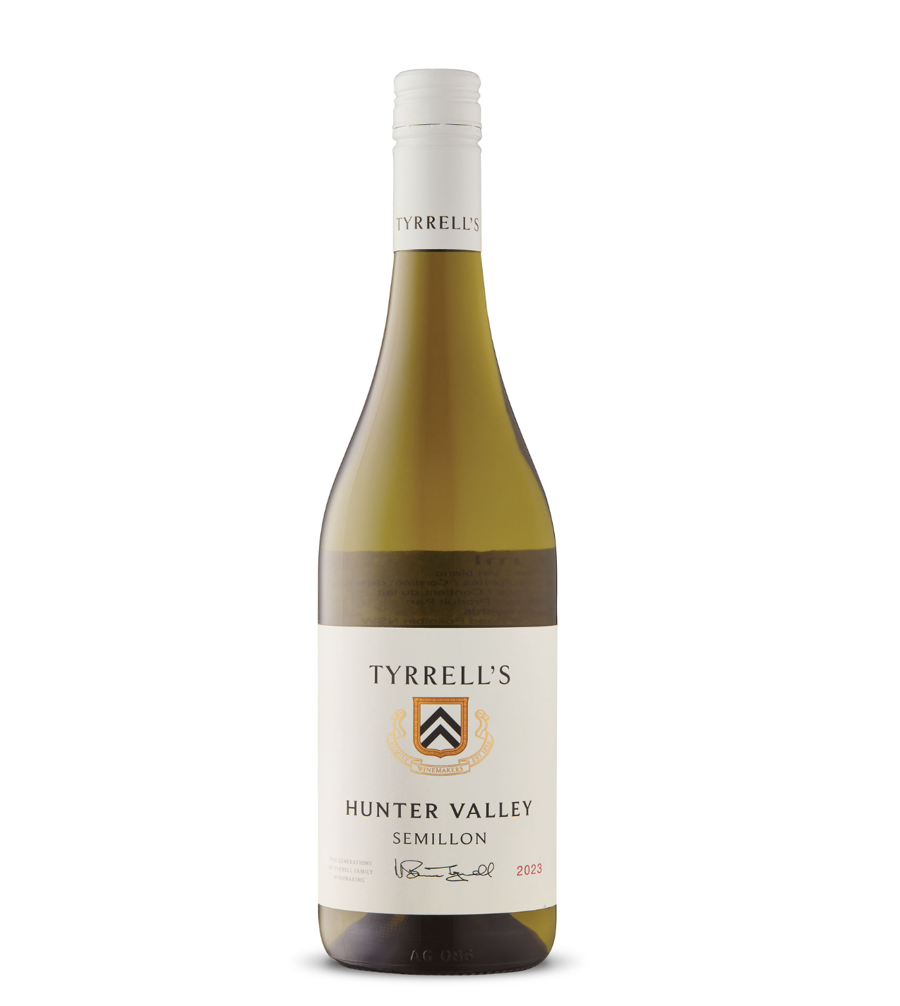 Bottle of Tyrrell's Hunter Valley Semillon wine with white label, black and gold crest, and white cap, set against a white background.