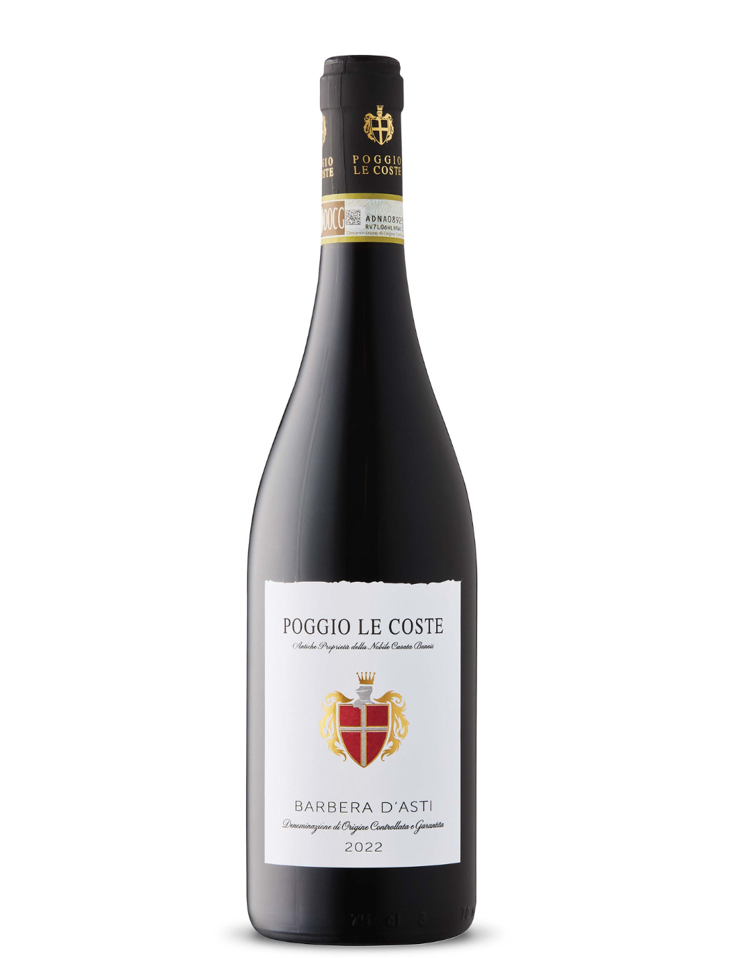 A bottle of Poggio Le Coste Barbera d'Asti wine from 2022 with a white label displaying a shield crest and black and gold neck label.