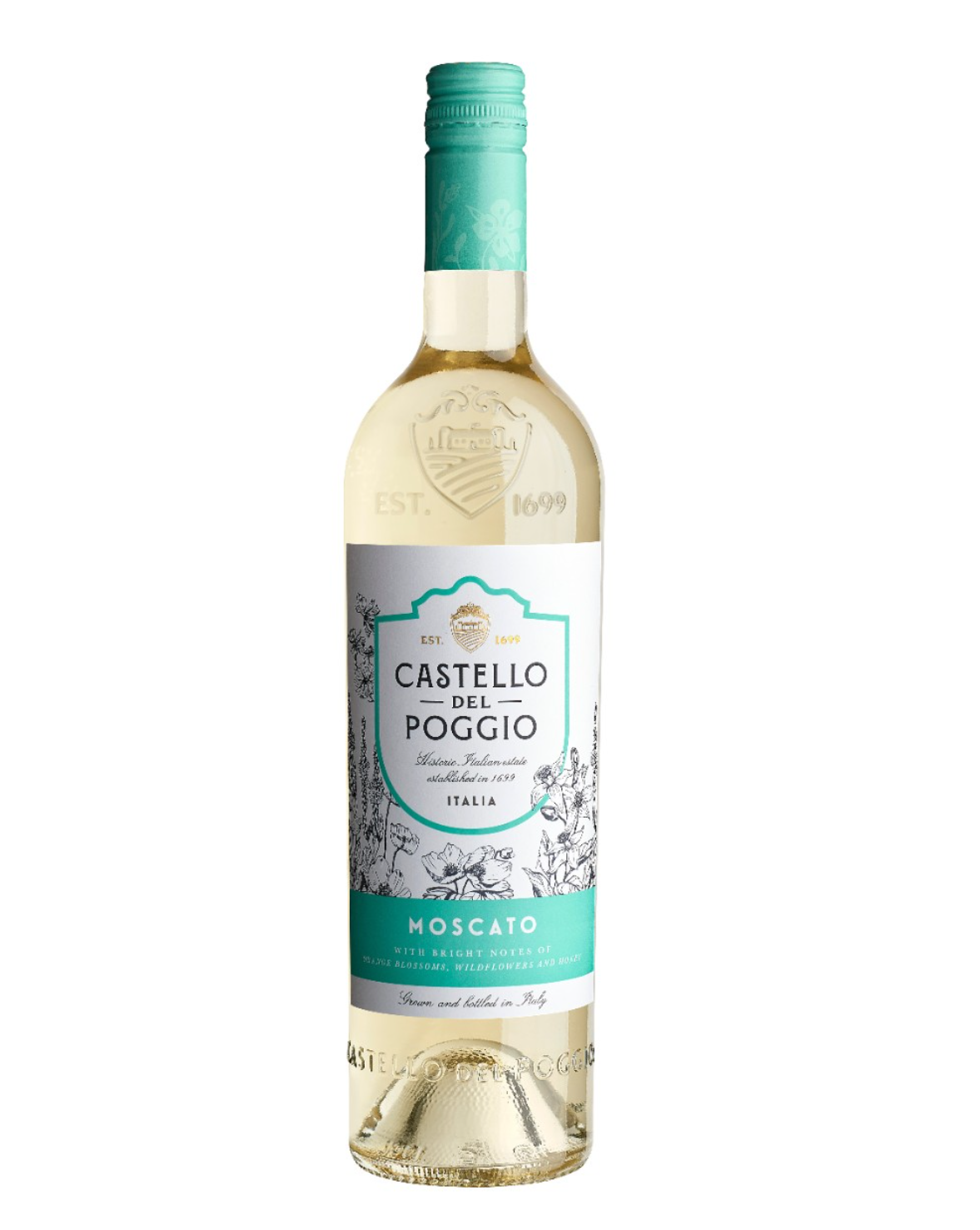 A clear glass bottle of Castello del Poggio Moscato wine with a teal and white label, featuring illustrations of grapes and flowers, and a teal foil seal on the cap.