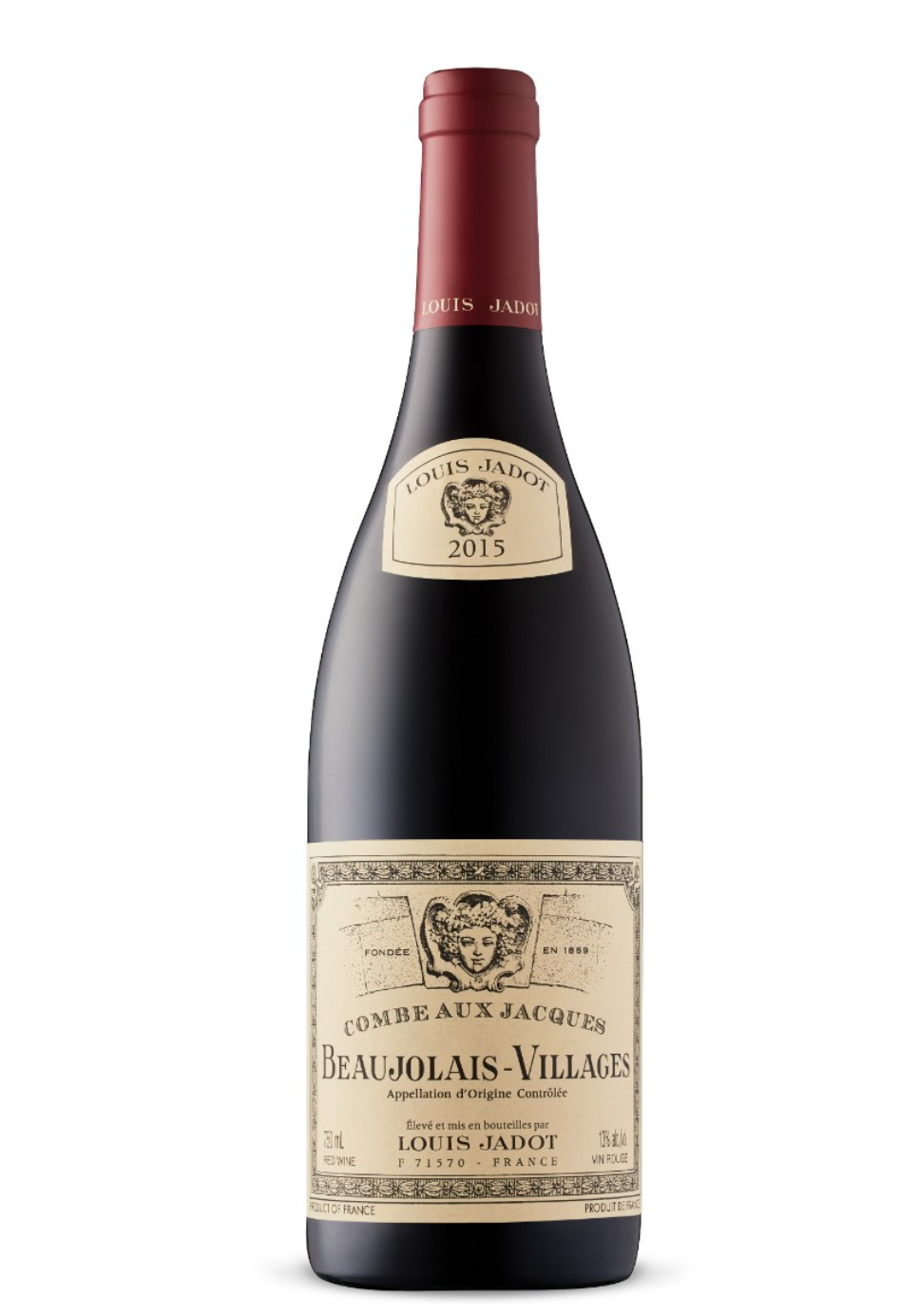 A bottle of Beaujolais-Villages red wine from Louis Jadot, vintage 2015, with a beige label featuring a drawing of a face, and a maroon capsule with Louis Jadot branding.