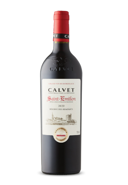 Bottle of Calvet Saint-Emilion red wine from 2020 with a red cap and white label.