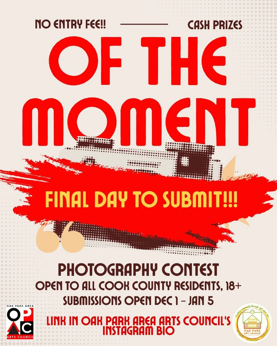 Today is the final day to submit to the "Of the Moment" Photography Contest!!!

Additional Dates to keep in mind:
January 15- The finalists will be displayed in the Oak Park Public Library for two weeks. DURING THOSE TWO WEEKS THE PUBLIC MA