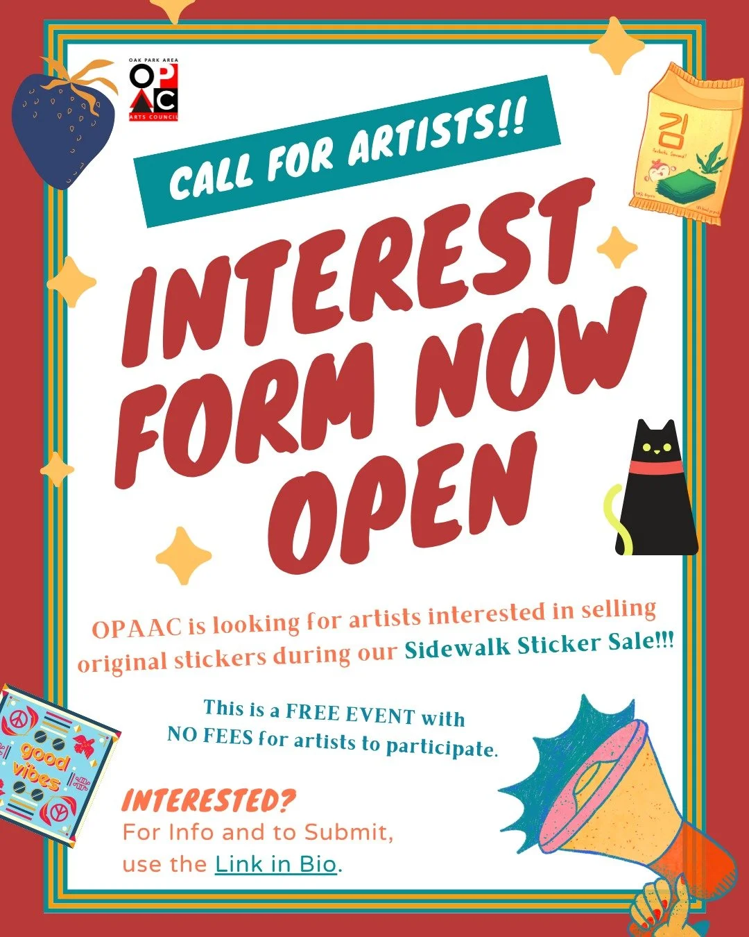 Free Opportunity for Artists with stickers that they want to sell. 

The Oak Park Area Arts Council and the Oak Park Arts District are hosting another Sidewalk Sticker Sale!! After the success of last year's event, we're excited to be able to host it